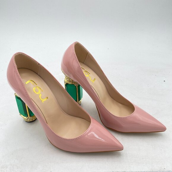 FSJ Women Bridal Pointed Toe Chunky Block Low Heel Crystal  FSJ Pink Bridal Pointed Toe Chunky High Heel Crystal Pumps Slip on Wedding Shoes